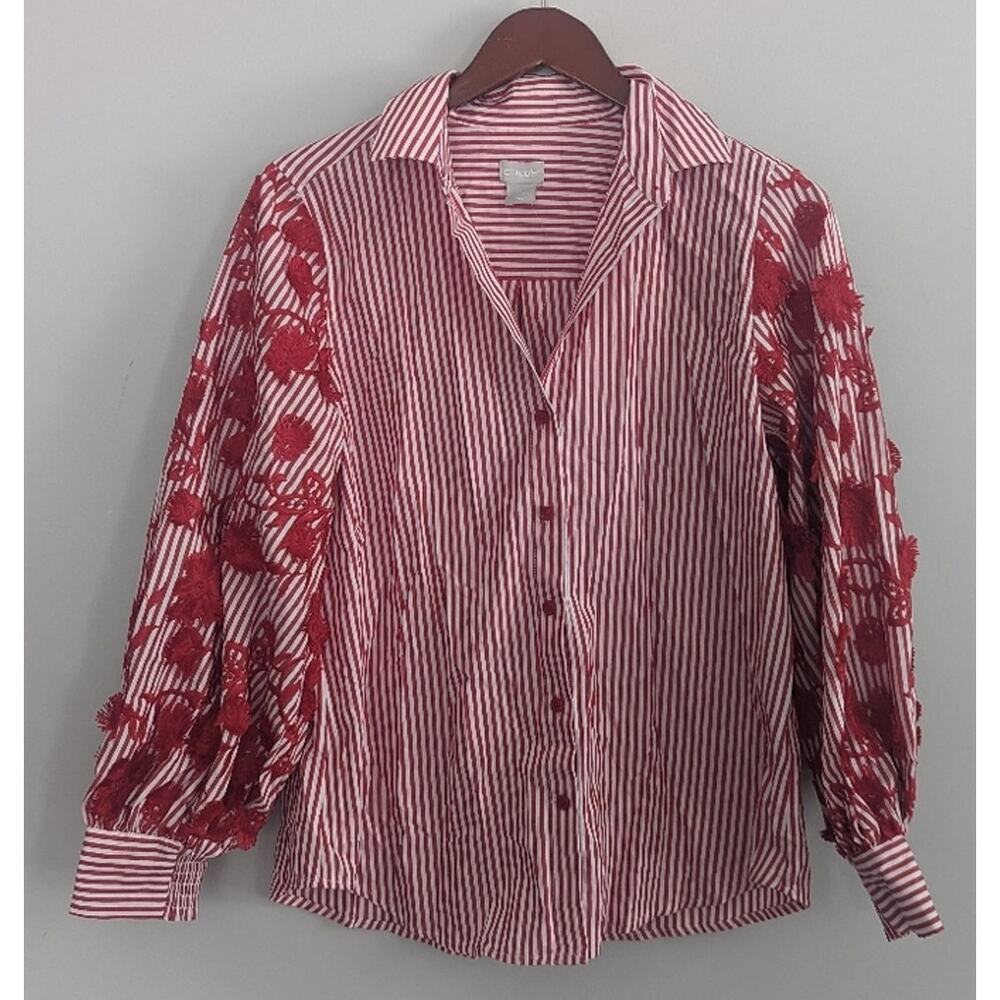 NEW Women's Chico's Red Floral Applique Stripe Button Down 0 = 4 Small Valentine